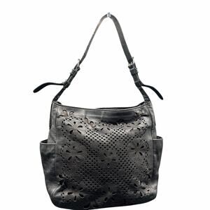 Isabella Fiore Black Leather Laser Cut Floral Shoulder Hobo Bag